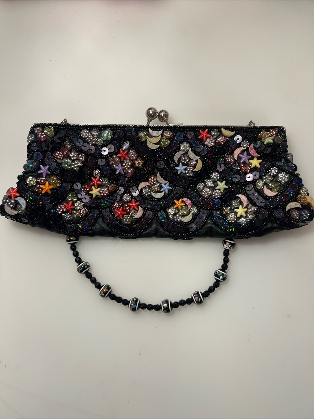 Beaded Black Evening Clutch with Multicolor Star & Moo Embellishments